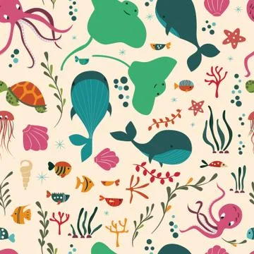 Seamless pattern with underwater ocean animals, whale, octopus, stingray, j.. Stock Illustration