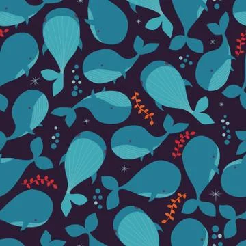 Seamless pattern with underwater ocean animals, whales, colorful vector ill.. Stock Illustration