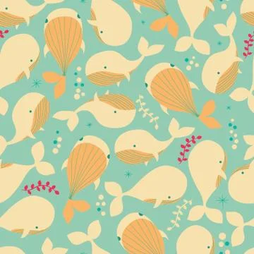 Seamless pattern with underwater ocean animals, whales, colorful vector ill.. Stock Illustration