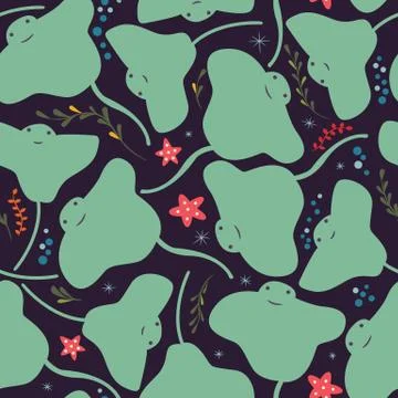 Seamless pattern with underwater ocean animals, cute stingray and starfish Stock Illustration