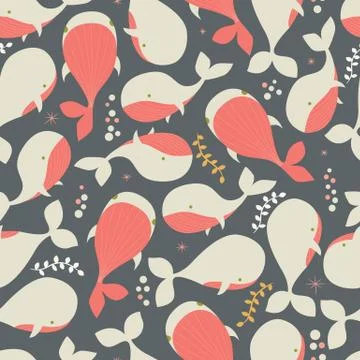 Seamless pattern with underwater ocean animals, whales, colorful vector ill.. Stock Illustration