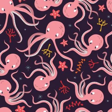 Seamless pattern with underwater ocean animals, cute octopus and starfish Stock Illustration