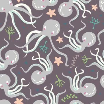 Seamless pattern with underwater ocean animals, cute octopus and starfish Stock Illustration