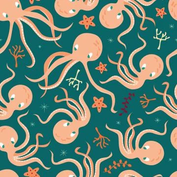 Seamless pattern with underwater ocean animals, cute octopus and starfish Stock Illustration