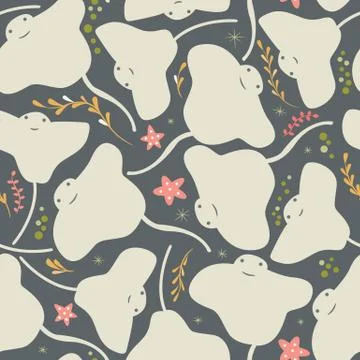 Seamless pattern with underwater ocean animals, cute stingray and starfish Stock Illustration