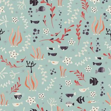 Seamless pattern with underwater ocean animals, cute fish and plants Illustrazione stock