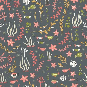 Seamless pattern with underwater ocean animals, cute fish and plants Stock Illustration