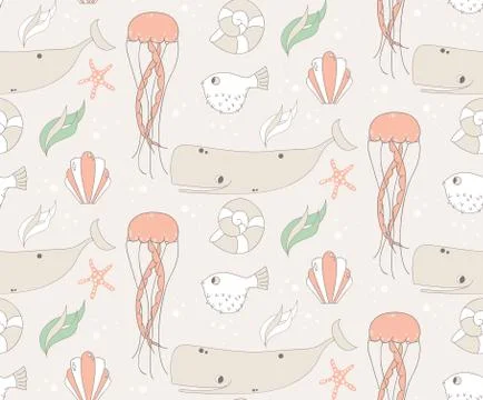 Seamless pattern with underwater scene, fish, whale, jelly fish Stock Illustration
