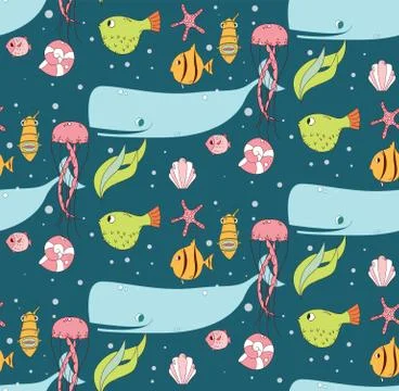 Seamless pattern with underwater scene, fish, whale, jelly fish Stock Illustration