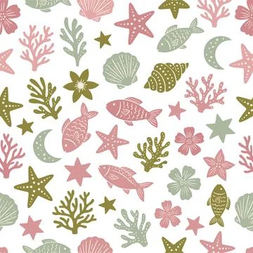Seamless Pattern with Underwater Sea Life Elements on White Background. Stock Illustration