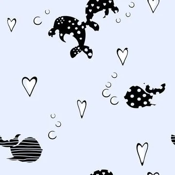Seamless pattern underwater world with abstract texture. Dolphin and whale Stock Illustration