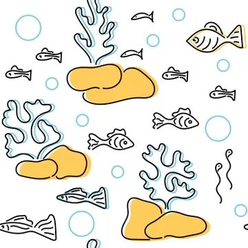 Seamless pattern. Underwater world, cute fish, plants. Vector hand drawn illu Stock Illustration