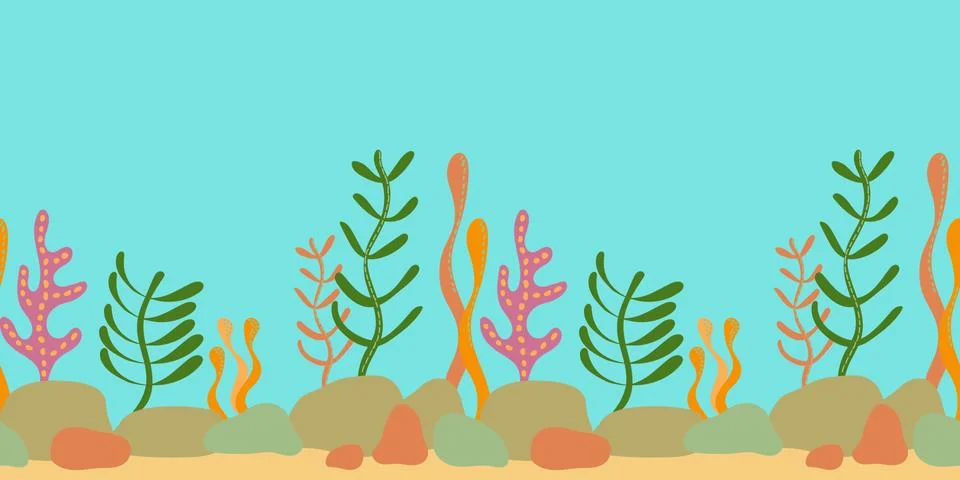 Seamless pattern of the underwater world, landscape with seaweed. Silhouette  Stock Illustration