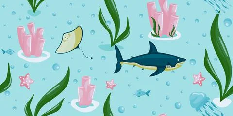 Seamless pattern underwater world on light blue background. Design marine ban Stock Illustration