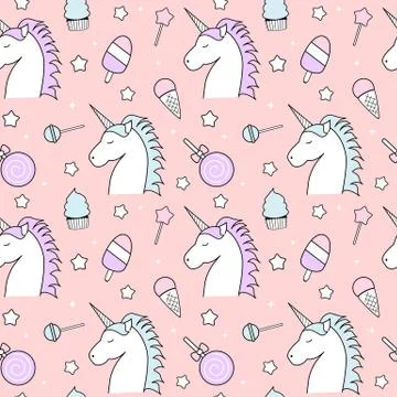 Seamless pattern with unicorn, candy, lollipop, ice cream, stars and cupcake Stock Illustration