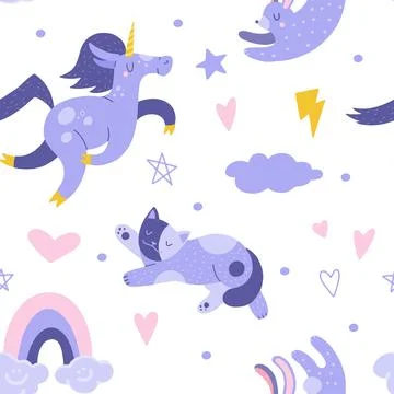 Seamless pattern with unicorn, cat, rainbow and rabbit. Illustrazione stock