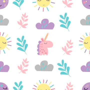 Seamless pattern with unicorn, clouds, sun, leaves Stock Illustration