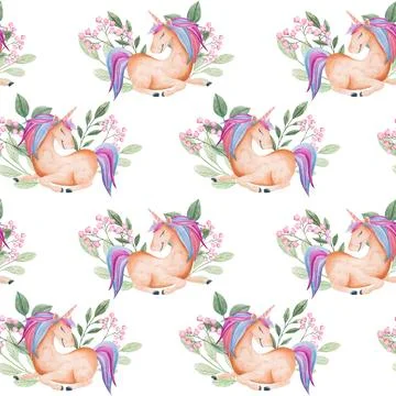 Seamless pattern with unicorn, flowers and leaves. Watercolor illustration Stock Illustration