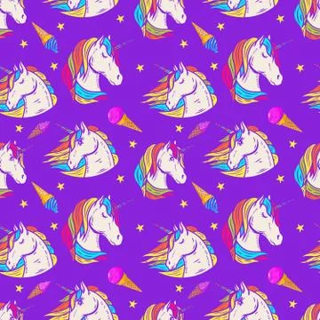 Seamless pattern with unicorn heads and ice cream. Vector illustration Illustrazione stock