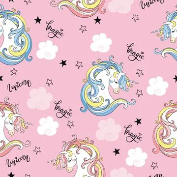 Seamless pattern with unicorn heads, lettering and clouds Stock Illustration