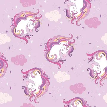 Seamless pattern with unicorn heads, sparkles and clouds イラスト素材