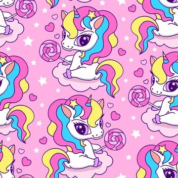 Seamless pattern unicorn with lollipop on a cloud. Vector Illustrazione stock