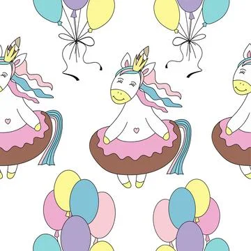 Seamless pattern with unicorn princess and balloons. Vector illustration. Stock Illustration