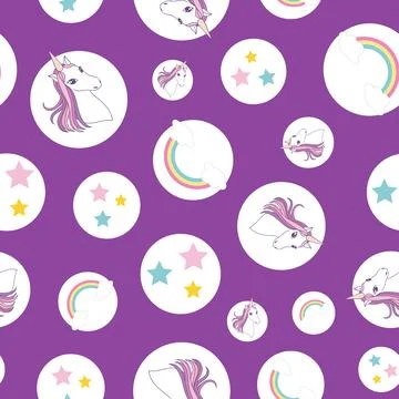 Seamless pattern Unicorn, rainbow and stars on circles, purple background Stock Illustration