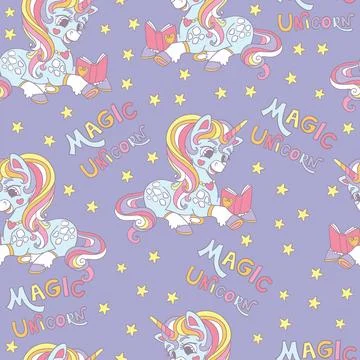 Seamless pattern with unicorn reading a book vector illustration Stock Illustration