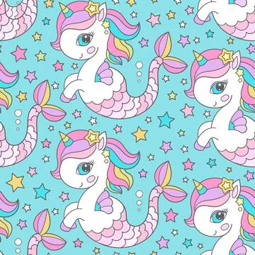 Seamless pattern. Unicorn seahorse on a blue background. Vector Stock Illustration