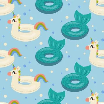 Seamless pattern, unicorn shaped swim lap and mermaid tail children's infla.. Illustrazione stock