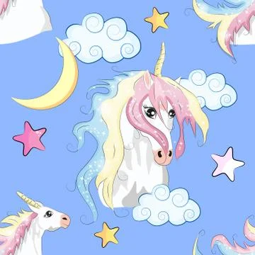 Seamless pattern with unicorn silhouette. Cute magic background. Fantasy wall Illustrazione stock