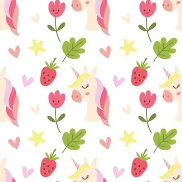 Seamless pattern with unicorn, tulip and strawberry doodle Ilustração Stock