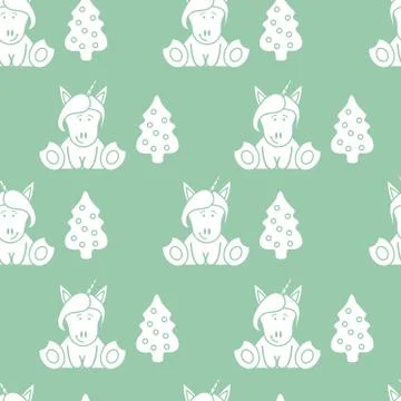 Seamless pattern with unicorns and Christmas tree. イラスト素材