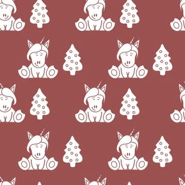 Seamless pattern with unicorns and Christmas tree. イラスト素材