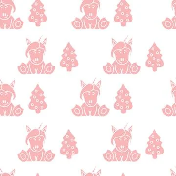 Seamless pattern with unicorns and Christmas tree. Illustrazione stock