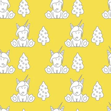 Seamless pattern with unicorns and Christmas tree. イラスト素材