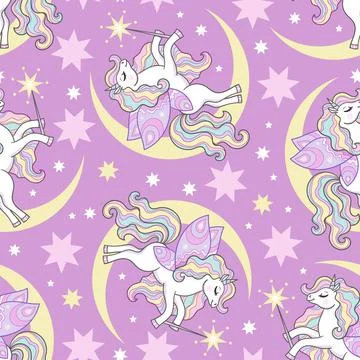 Seamless pattern with unicorns and crescent. Vector Stock Illustration