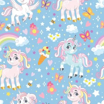 Seamless pattern unicorns and elements vector illustration Stock Illustration