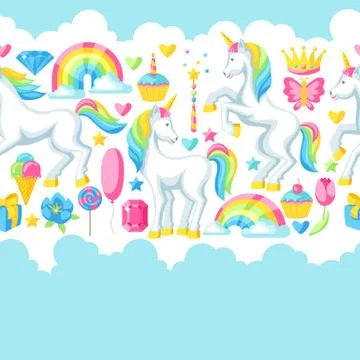 Seamless pattern with unicorns and fantasy items Stock Illustration