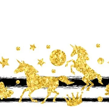 Seamless pattern with unicorns and gold glitter texture Stock Illustration