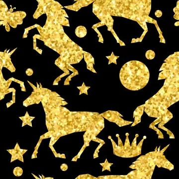 Seamless pattern with unicorns and gold glitter texture Stock Illustration