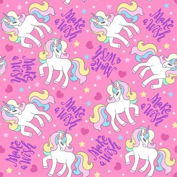 Seamless pattern with unicorns and inscriptions on a pink background. Vector Stock Illustration