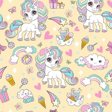 Seamless pattern with unicorns and magic elements vector yellow Stockillustratie