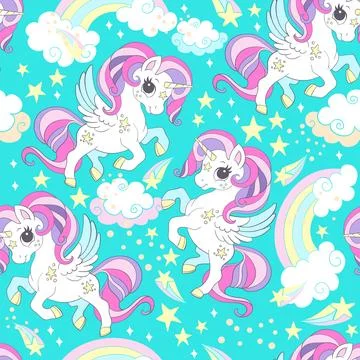 Seamless pattern with unicorns and magic elements vector turquoise Stock Illustration