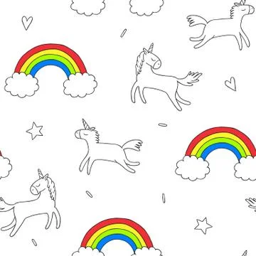 Seamless pattern with unicorns and rainbow. Hand drawn cartoon characters Illustrazione stock