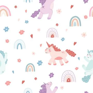 Seamless pattern with unicorns and rainbows on white background. Vector hand Stock Illustration