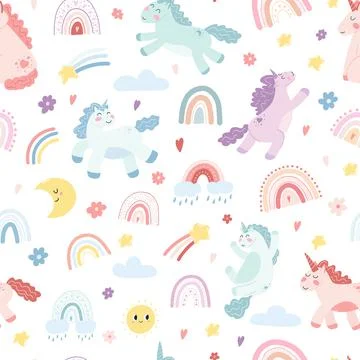 Seamless pattern with unicorns and rainbows on white background. Vector hand Stock Illustration