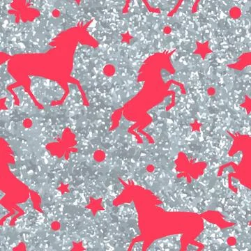 Seamless pattern with unicorns and silver glitter texture Stock Illustration