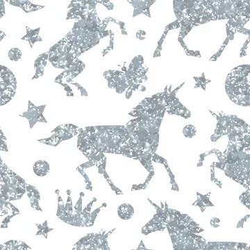 Seamless pattern with unicorns and silver glitter texture Stock Illustration
